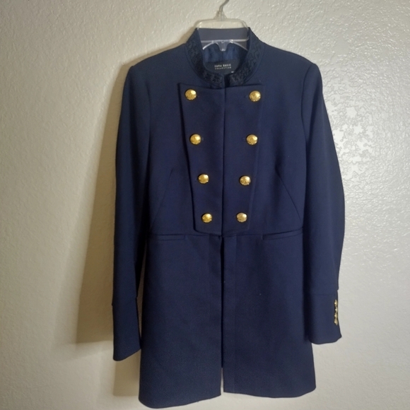 NWT ZARA navy Military Blazer Coat w/collar detail gold buttons Jacket long SZ S - Picture 1 of 8